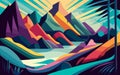 Landscape with mountains and river. Vector illustration in flat style, surreal nature wallpaper, generative ai Royalty Free Stock Photo