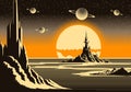 Landscape with mountains and sci-fi castle on far planet. Retro futuristic sunrise in 80s atomic era style.