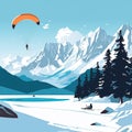 Landscape with mountains with snow, a paraglider flies in the air. Generative AI