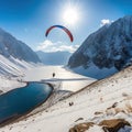 Landscape with mountains with snow, a paraglider flies in the air. Generative AI