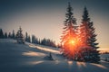 Landscape of mountains winter. View of snow-covered conifer trees at sunrise. Retro filter.