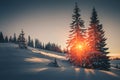 Landscape of mountains winter. View of snow-covered conifer trees at sunrise. Retro filter. Royalty Free Stock Photo