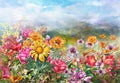 Landscape of multicolored flowers watercolor painting style