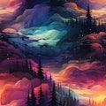 landscape with multicolored northern lights at night in a colorful sky with stars with a seamless pattern on background