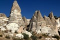 Landscape with mushroom-shaped mountains with caves inside in the Zemi Valley near the town of Goreme in Cappadocia Royalty Free Stock Photo