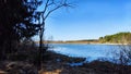 Landscape and nature with calm water of big lake, trees on the shore and blue sky on autumn or spring sunny day. Sun and Royalty Free Stock Photo