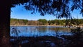 Landscape and nature with calm water of big lake, trees on the shore and blue sky on autumn or spring sunny day. Sun and Royalty Free Stock Photo