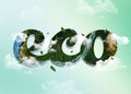 Landscape nature, 3d letters in the form of an island, forest, river, clouds, birds. Eco illustration.