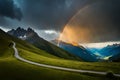 Landscape nature mountan in Alps with rainbow Royalty Free Stock Photo