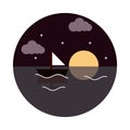 Landscape nature night moon stars sailboat sea flat style icon