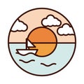 Landscape nature ocean sunset sailboat line and fill icon