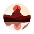 Landscape nature peak mountain sun reflection in the river flat style icon