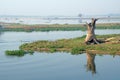 Landscape - nature scene of Big dry tree without leaf at u bein bridge with sunrise. This place is famous landmark in Mandalay, Bu Royalty Free Stock Photo