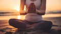 Hand of woman practicing meditation yoga on nature sunset Royalty Free Stock Photo