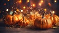 Thanksgiving holiday party background, autumn pumpkin and holidays light decoration Royalty Free Stock Photo