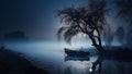 romantic moonlit riverfront cold fog AI Generative Image
