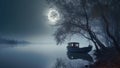 romantic moonlit riverfront cold fog AI Generative Image