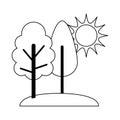 Landscape nature trees grass and sun cartoon line icon style Royalty Free Stock Photo