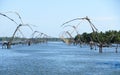 Landscape nature tropical beach. Kerala backwaters coast landscape with Chinese fishing nets at Cochin South India. Sunset time Royalty Free Stock Photo