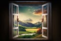 Landscape nature view background. view from window Generative AI Royalty Free Stock Photo