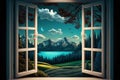 Landscape nature view background. view from window Generative AI Royalty Free Stock Photo