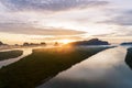 Landscape nature view, Beautiful light sunrise over mountains in thailand Aerial view Drone shot Royalty Free Stock Photo