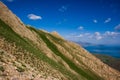 Landscape of the near mountain peak. Lake, cloudy sky background Royalty Free Stock Photo