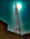 Landscape of network Single Tower.Against sunset.Beautiful background. Royalty Free Stock Photo