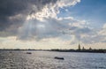 Landscape of Neva river in cloudy day in Saint-Petersburg, Russia