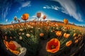 Landscape with nice sunset over poppy field - panorama. Neural network AI generated Royalty Free Stock Photo