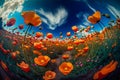 Landscape with nice sunset over poppy field - panorama. Neural network AI generated Royalty Free Stock Photo