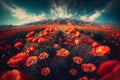 Landscape with nice sunset over poppy field - panorama. Neural network AI generated Royalty Free Stock Photo