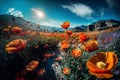 Landscape with nice sunset over poppy field - panorama. Neural network AI generated Royalty Free Stock Photo