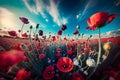 Landscape with nice sunset over poppy field - panorama. Neural network AI generated Royalty Free Stock Photo