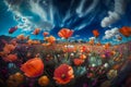 Landscape with nice sunset over poppy field - panorama. Neural network AI generated Royalty Free Stock Photo