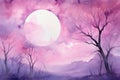 Landscape night art background abstract illustration sky nature watercolor trees blue moon background Royalty Free Stock Photo