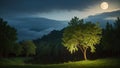 Landscape, night forest and moon. forest glade. Royalty Free Stock Photo