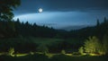 Landscape, night forest and moon. forest glade. Royalty Free Stock Photo