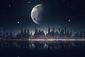 Landscape of night modern fantasy city with moon