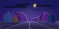 Landscape night road scene flat cartoon illustration vector, nature highway to moon mountains and forest perspective graphic Royalty Free Stock Photo