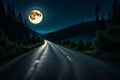 Landscape of night sky and bright full moon above wilderness area. Asphalt road leading into the forest at night Royalty Free Stock Photo