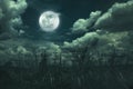 Landscape of night sky with clouds. Beautiful bright full moon above wilderness area in forest, serenity nature background. Royalty Free Stock Photo