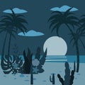 Landscape night tropics exotic flora plants, palm trees, leaves, cacti. Trend Fleet Cartoon Style, Vector, Illustration