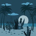 Landscape night tropics exotic flora plants, palm trees, leaves, cacti. Trend Fleet Cartoon Style, Vector, Illustration