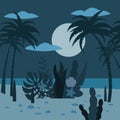 Landscape night tropics exotic flora plants, palm trees, leaves, cacti. Trend Fleet Cartoon Style, Vector, Illustration