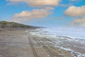 Landscape of the North Sea coast with foam of dead microscopic algae called phytoplankton