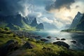 Landscape of Norway. Valley in the mountains with a river. The clouds descended onto the mountains. Generative AI Art. Beautiful Royalty Free Stock Photo