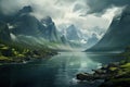 Landscape of Norway. Valley in the mountains with a river. The clouds descended onto the mountains. Generative AI Art. Beautiful Royalty Free Stock Photo