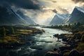 Landscape of Norway. Valley in the mountains with a river. The clouds descended onto the mountains. Generative AI Art. Beautiful Royalty Free Stock Photo