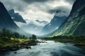 Landscape of Norway. Valley in the mountains with a river. The clouds descended onto the mountains. Generative AI Art. Beautiful Royalty Free Stock Photo